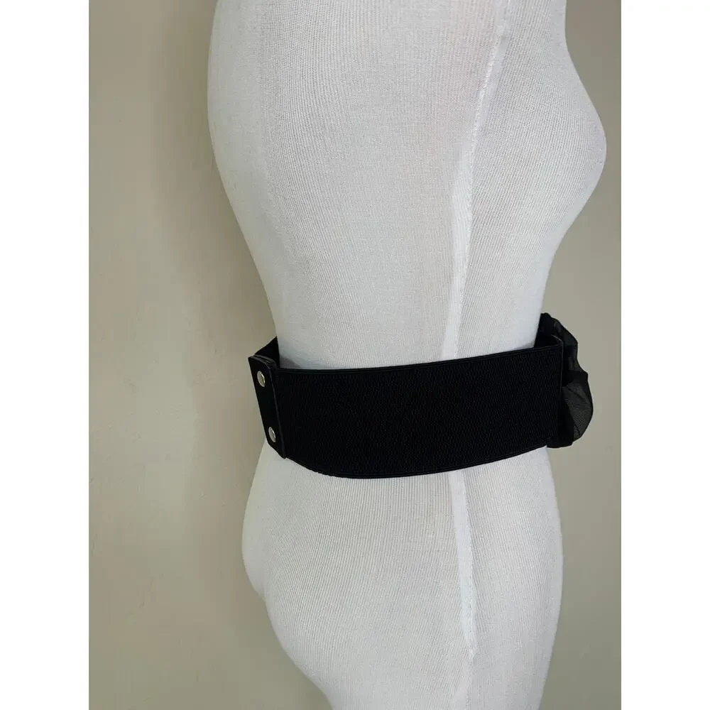 Black 3D Flower Belt Rhinestone Center Stretch Wide Belt Sz Small Medium